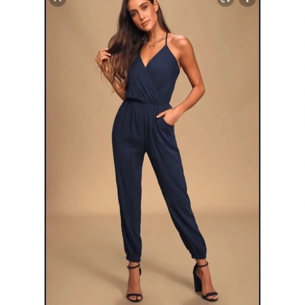 Lulus Learning to Fly Navy Blue Halter Jumpsuit M